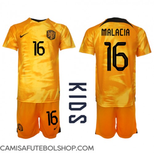 Camisa de time de futebol Holanda Tyrell Malacia #16 Replicas 1º Equipamento Infantil Mundo 2022 Manga Curta (+ Calças curtas)
